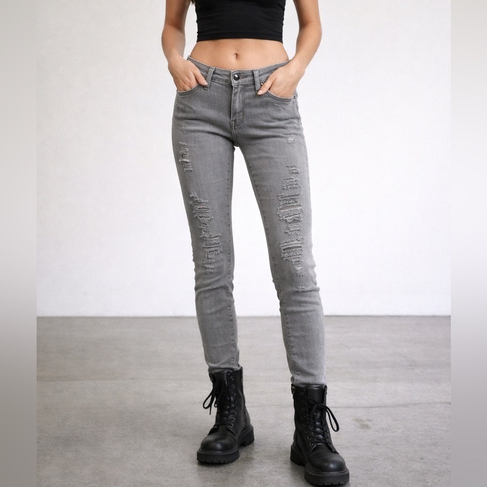 FRAME Low Rise Distressed Skinny Jeans Gray Size 25 Y2K Grunge Moto Punk 25x28